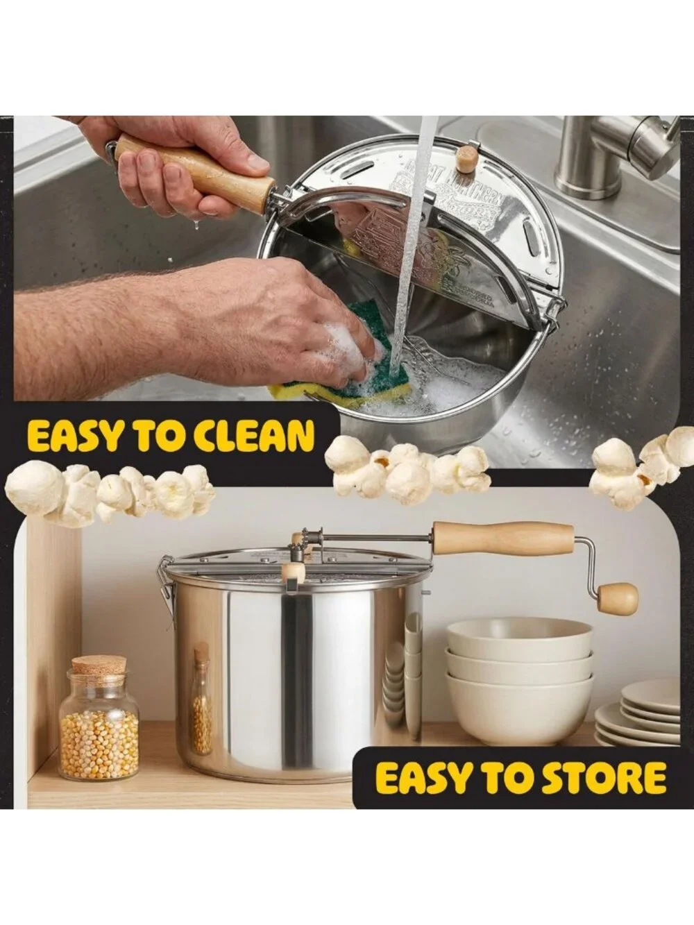 Stainless Steel Stovetop Popcorn Maker - 6.5 Quart, Hand Crank, Vented Lid